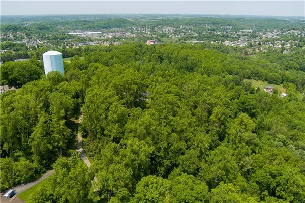 a view of a city with lush green forest