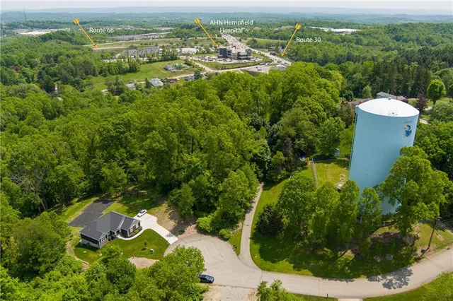 an aerial view of residential houses with outdoor space and trees