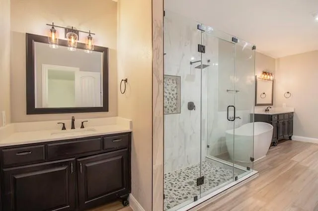 a bathroom with a sink and a mirror