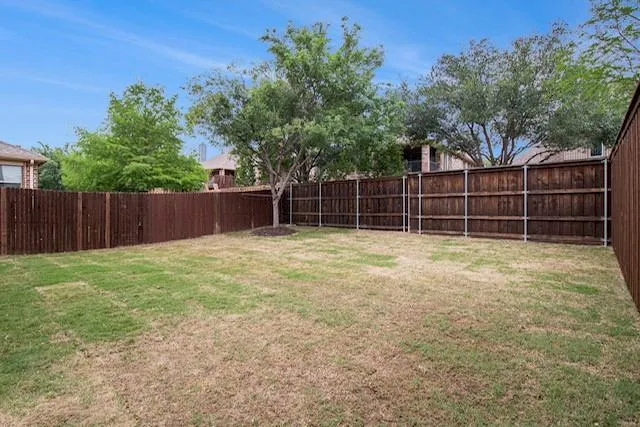 a view of a white house with a small yard plants and a large tree
