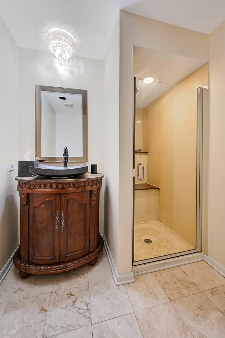 803 Merry Lane Oak Brook, IL 60523 - Photo 15 of 39 a bathroom with a sink a mirror and a shower