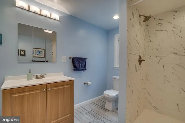 a bathroom with a sink a toilet and shower