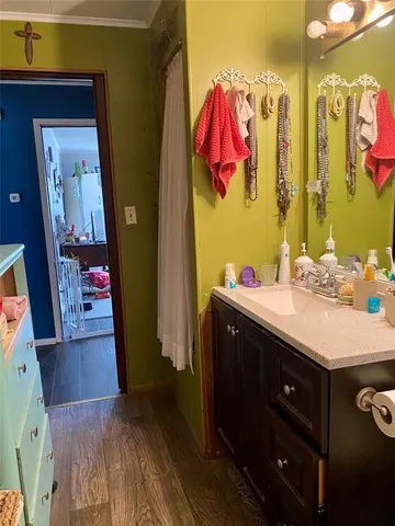 a bathroom with a sink vanity and a mirror