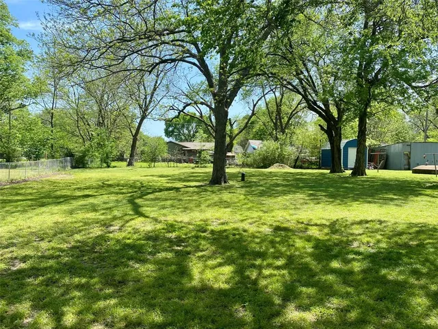 a view of a grassy field with trees