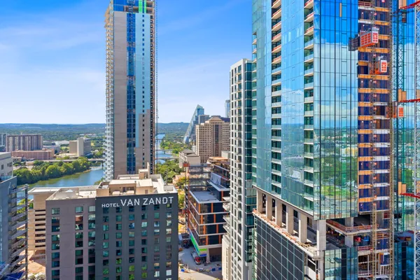 a city view with tall buildings