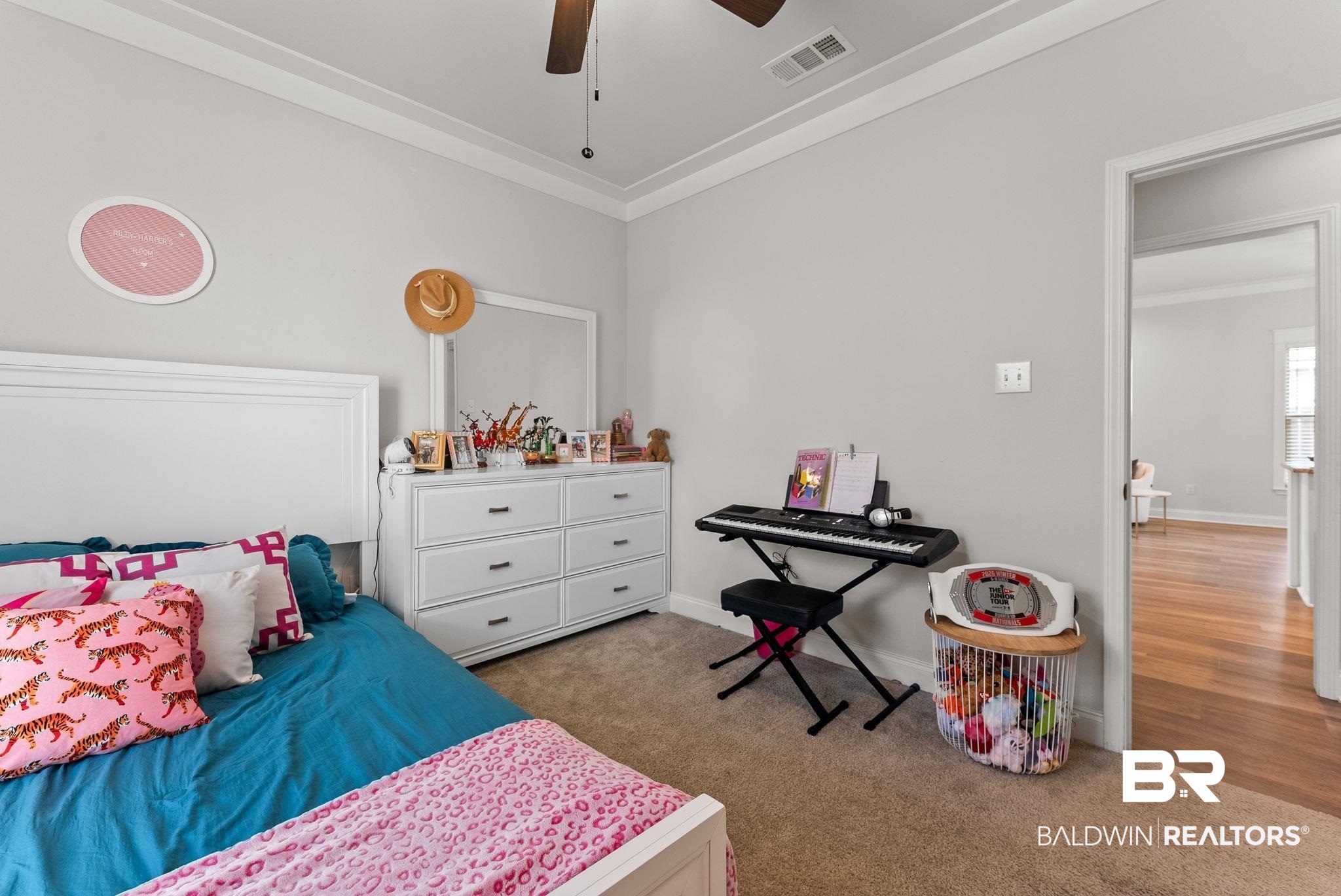 10745 Brodick Loop Daphne, AL 36527 - Photo 17 of 39 Bedroom featuring ornamental molding, carpet flooring, and ceiling fan