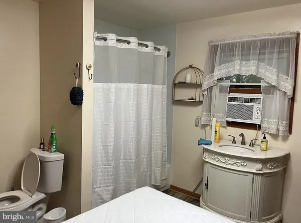 a bathroom with a sink toilet and shower