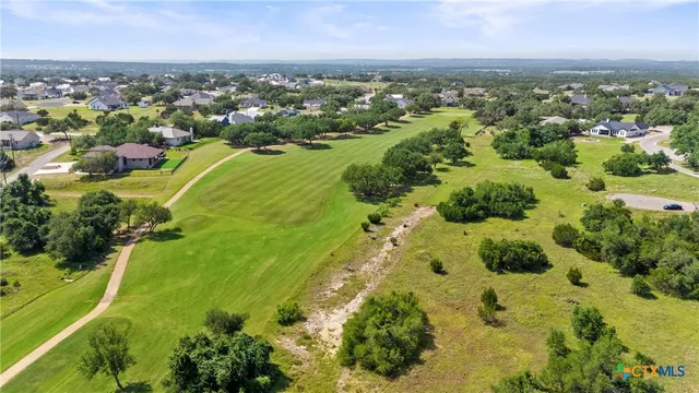 an aerial view of residential houses with outdoor space and trees