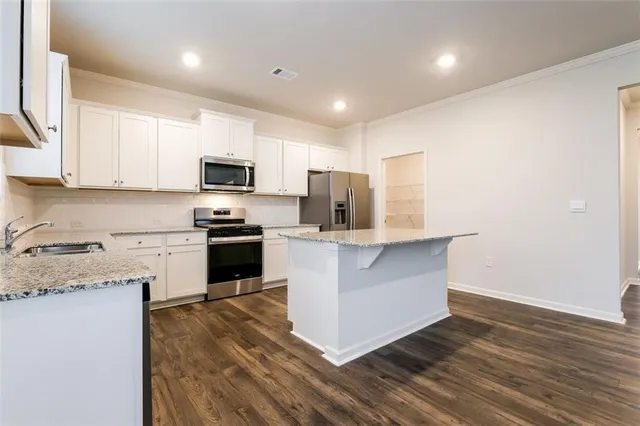 a kitchen with granite countertop white cabinets and stainless steel appliances