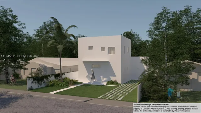 a view of a house with a yard and potted plants