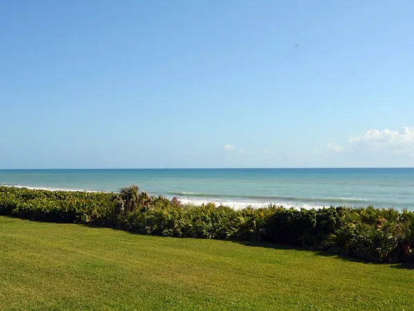 a view of a field with ocean view