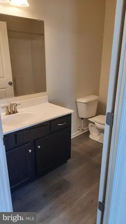 a bathroom with a sink vanity and a toilet
