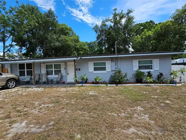 front view of a house with a patio