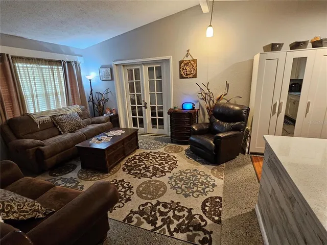 a living room with furniture a rug and a window