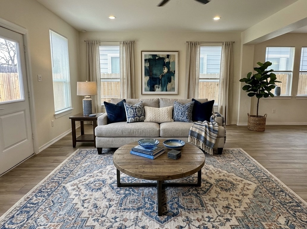 a living room with furniture and a potted plant