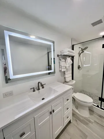 a bathroom with a sink toilet a mirror and vanity