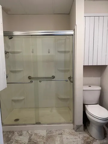 a bathroom with a toilet and a shower