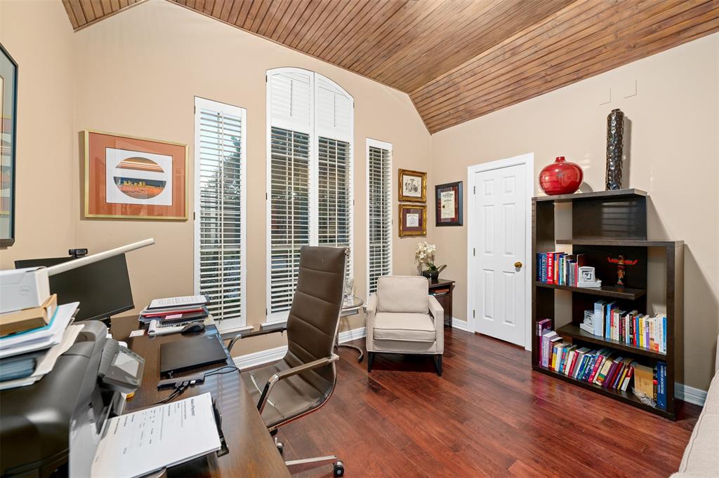 17608 Windflower Way Dallas, TX 75252 - Photo 13 of 34 Office space featuring vaulted ceiling, wood ceiling, dark wood-style floors, and a heating unit