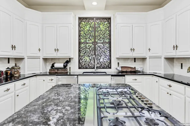 a kitchen with stainless steel appliances granite countertop a stove a sink and white cabinets