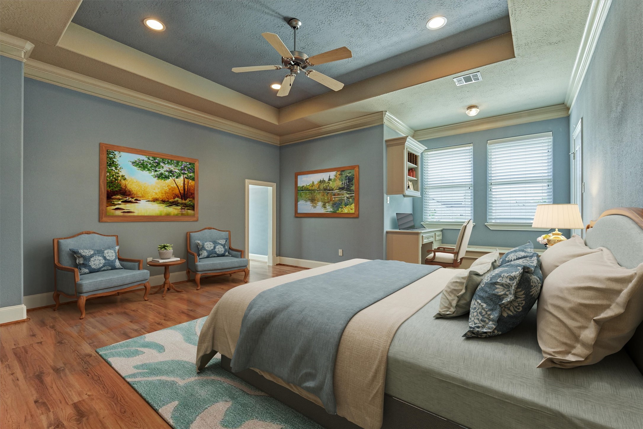 7806 Bent Green Lane Spring, TX 77389 - Photo 30 of 50 A spacious upstairs secondary bedroom is open to the billiards room and features a tray ceiling, wood floors, built-in study area and ensuite bathroom! *This photo is virtually staged*