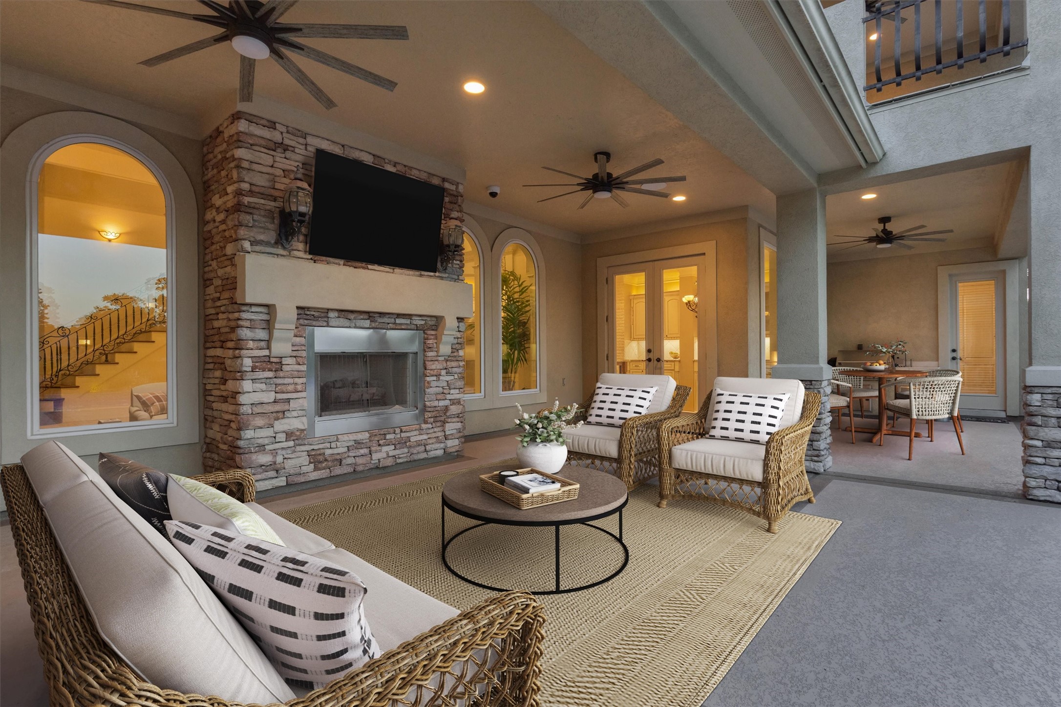 7806 Bent Green Lane Spring, TX 77389 - Photo 43 of 50 a living room with furniture a fireplace and a chandelier