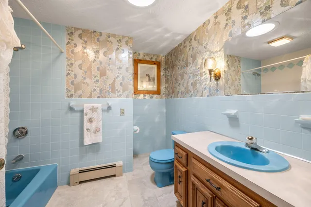 a bathroom with a sink a toilet and a mirror