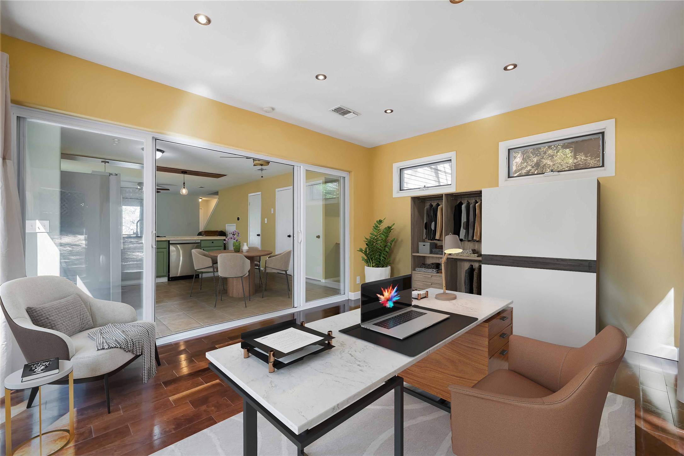 1703 Waterloo Trail, Unit B Austin, TX 78704 - Photo 13 of 36 Home office with dark wood-style floors, recessed lighting, and ceiling fan