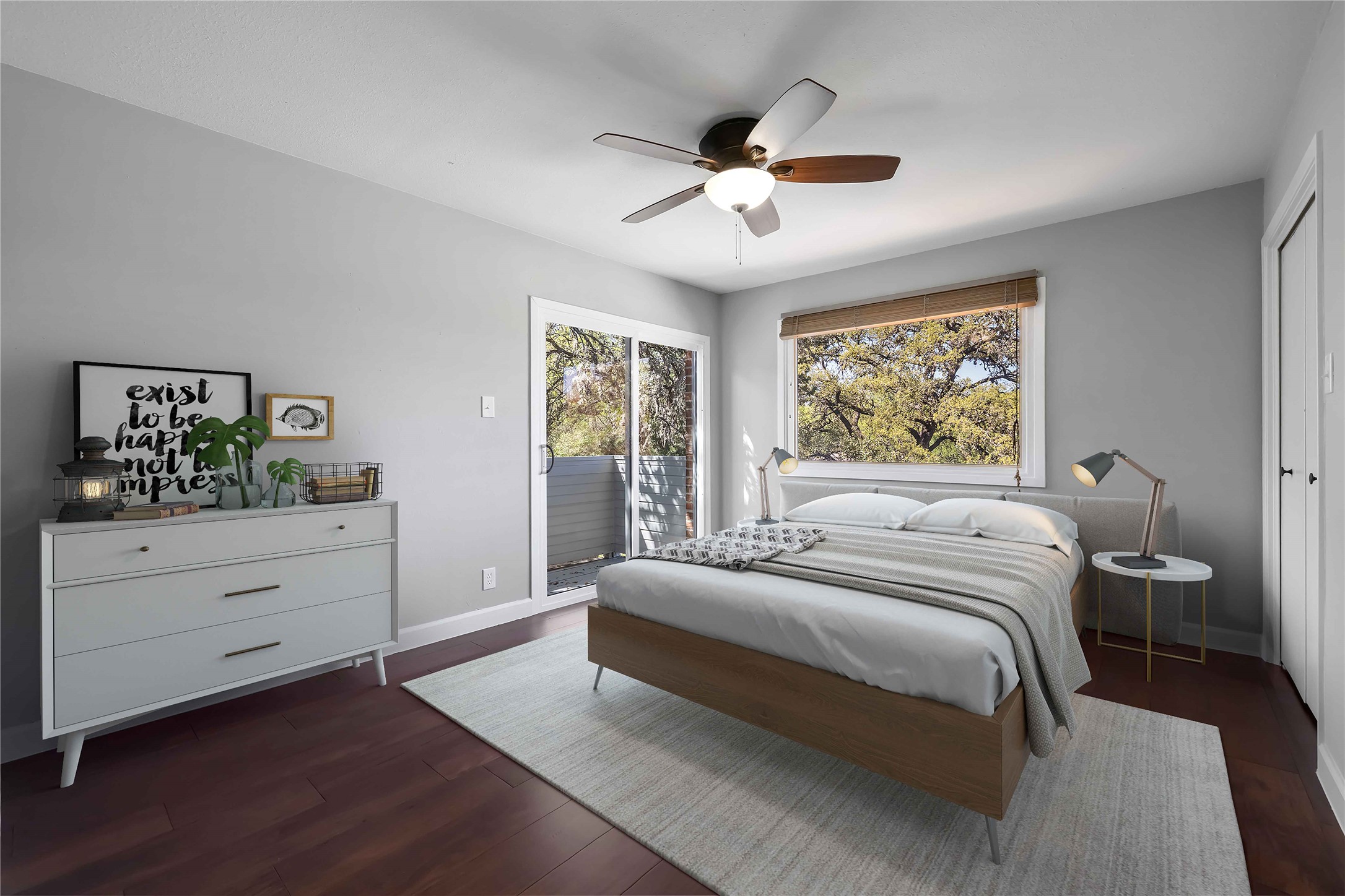 1703 Waterloo Trail, Unit B Austin, TX 78704 - Photo 15 of 36 Bedroom featuring access to outside, dark wood-style flooring, and ceiling fan