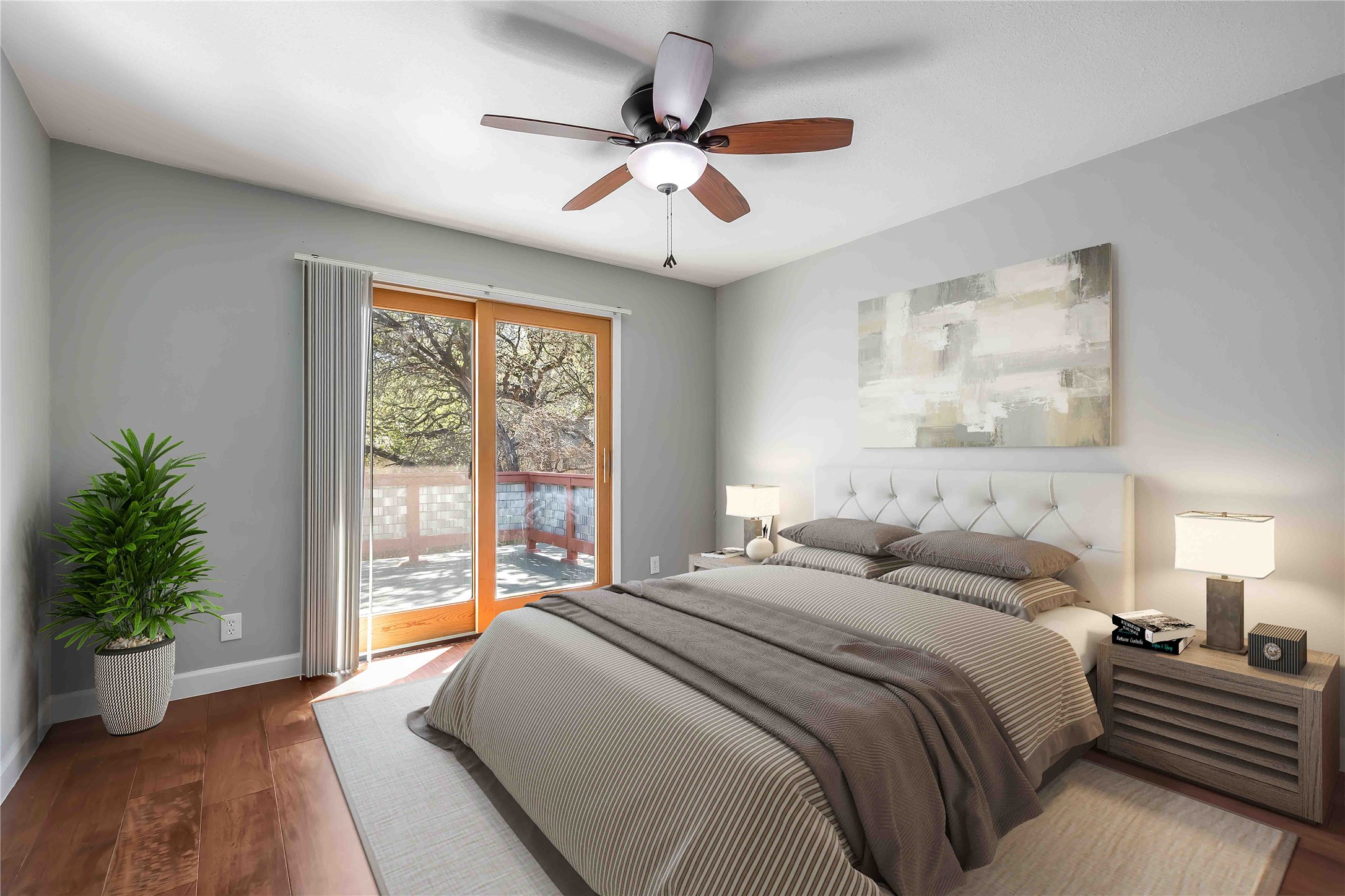 1703 Waterloo Trail, Unit B Austin, TX 78704 - Photo 21 of 36 Bedroom with wood finished floors, access to outside, and ceiling fan