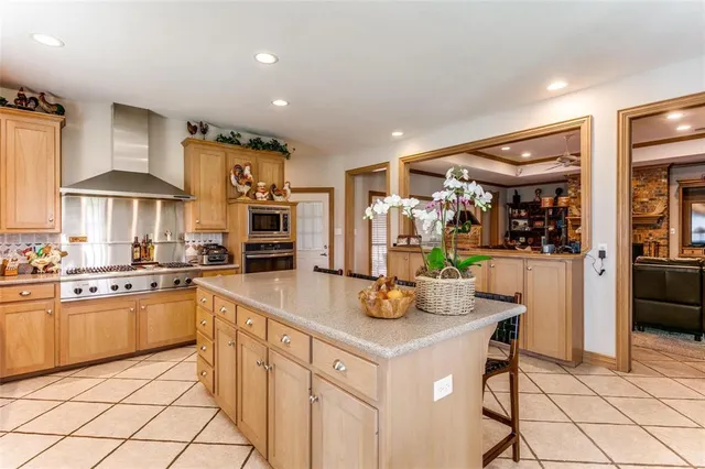 a kitchen with stainless steel appliances granite countertop a sink and a refrigerator
