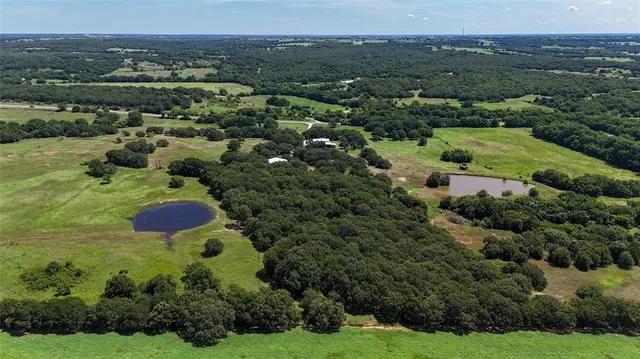an aerial view of residential houses with outdoor space and trees