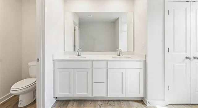 a bathroom with a sink a toilet and a mirror