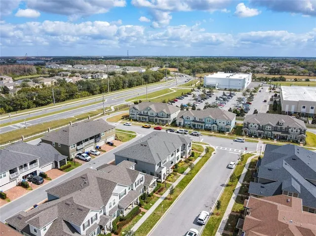 an aerial view of a swimming pool