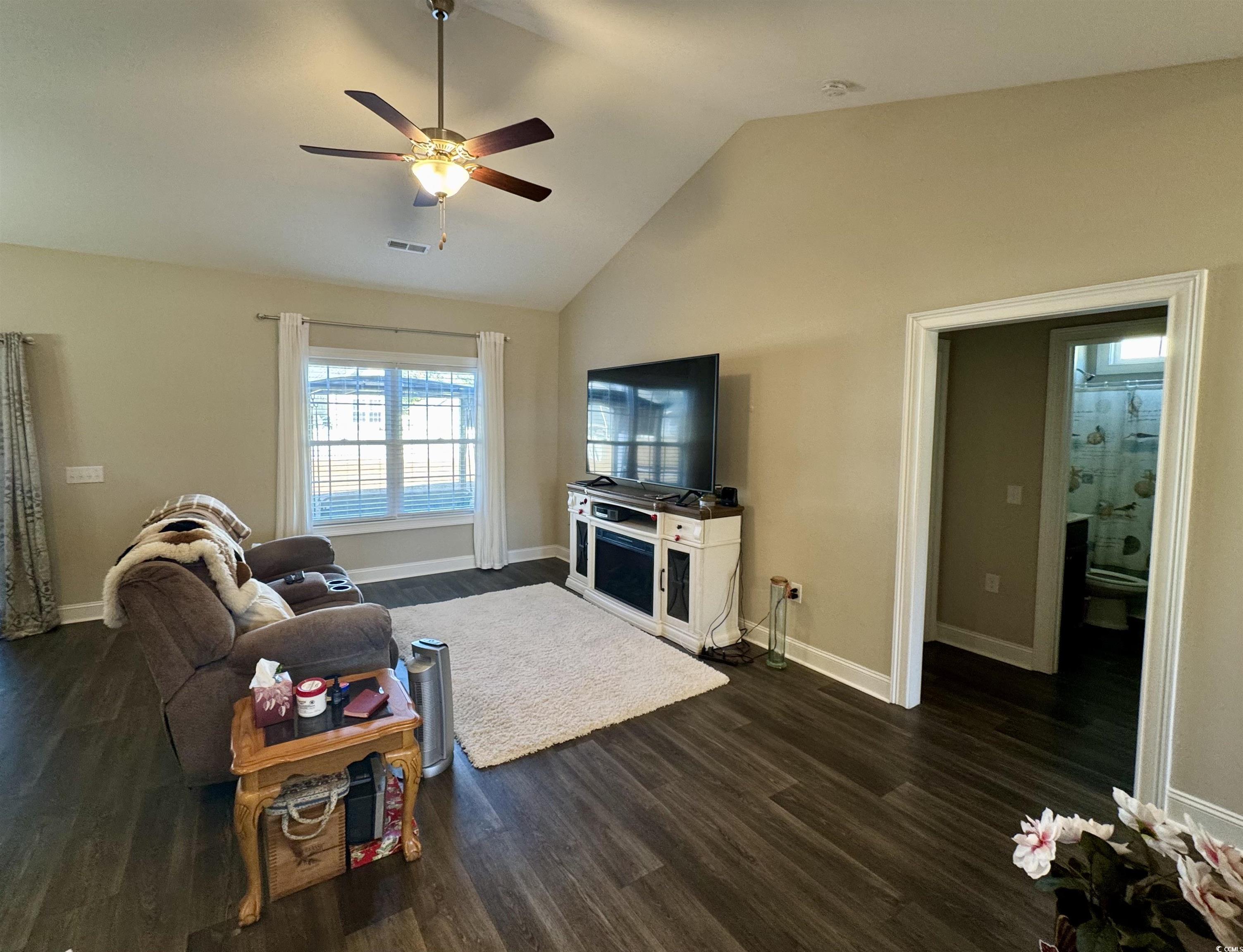 117 Baylee Circle Galivants Ferry, SC 29544 - Photo 8 of 17 Living room featuring plenty of natural light, ceiling fan, dark wood finished floors, and high vaulted ceiling