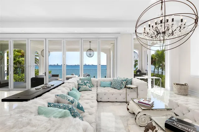 a living room with a chandelier