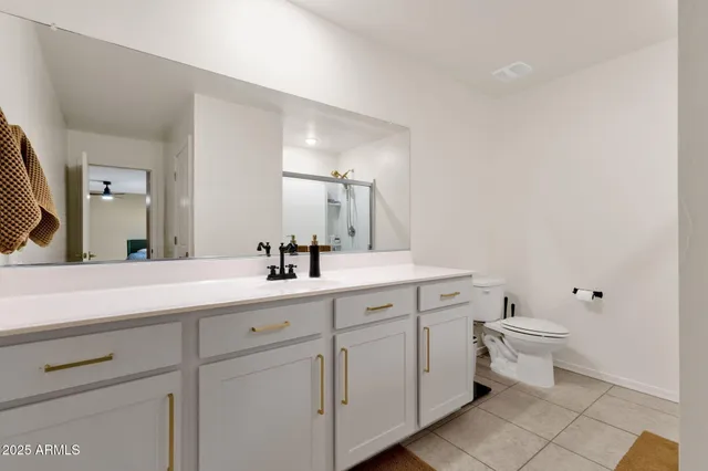 a bathroom with a sink a toilet a mirror and shower