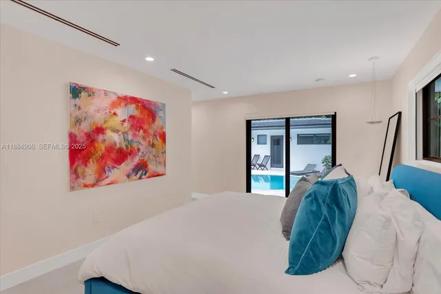 a bed room with a bed and a painting on the wall