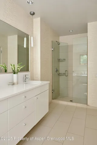 a bathroom with a shower sink and mirror