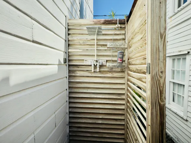 a view of a balcony with door