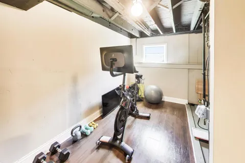 a view of workspace with wooden floor