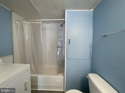 a bathroom with a shower and toilet