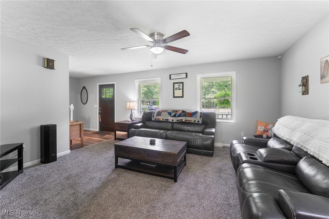 1761 Rustic Run Road Warren, OH 44481 - Photo 22 of 45 Living room featuring carpet flooring, a textured ceiling, and ceiling fan