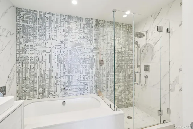 a bathroom with a bathtub and a shower