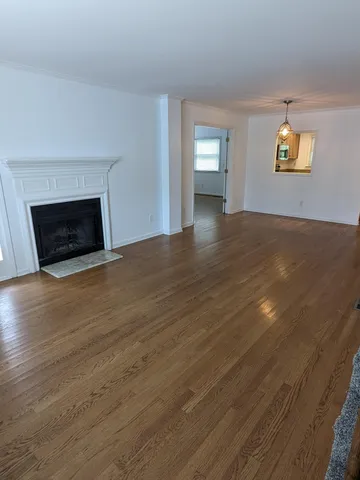 a view of empty room with wooden floor and fireplace