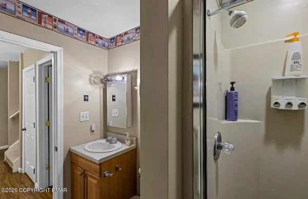 a bathroom with a sink a mirror a shower and a bathtub