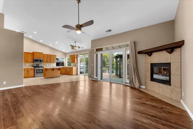 a view of kitchen with wooden floor
