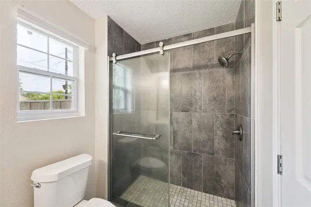 a bathroom with a shower and toilet