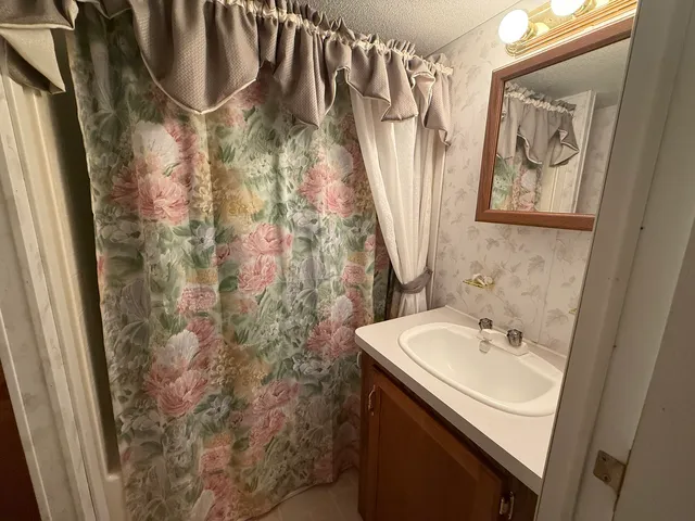 a bathroom with a sink and mirror with toilet