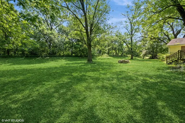 a view of a grassy field with trees