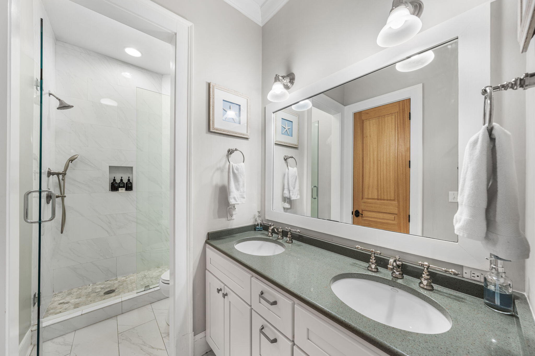 90 South Founders Lane Inlet Beach, FL 32461 - Photo 19 of 44 a bathroom with a granite countertop sink a mirror a shower and a mirror